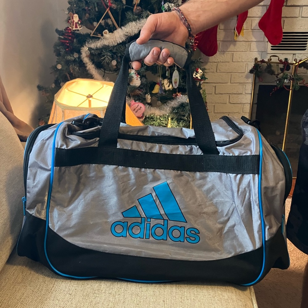 Adidas blue gray and black duffle bag